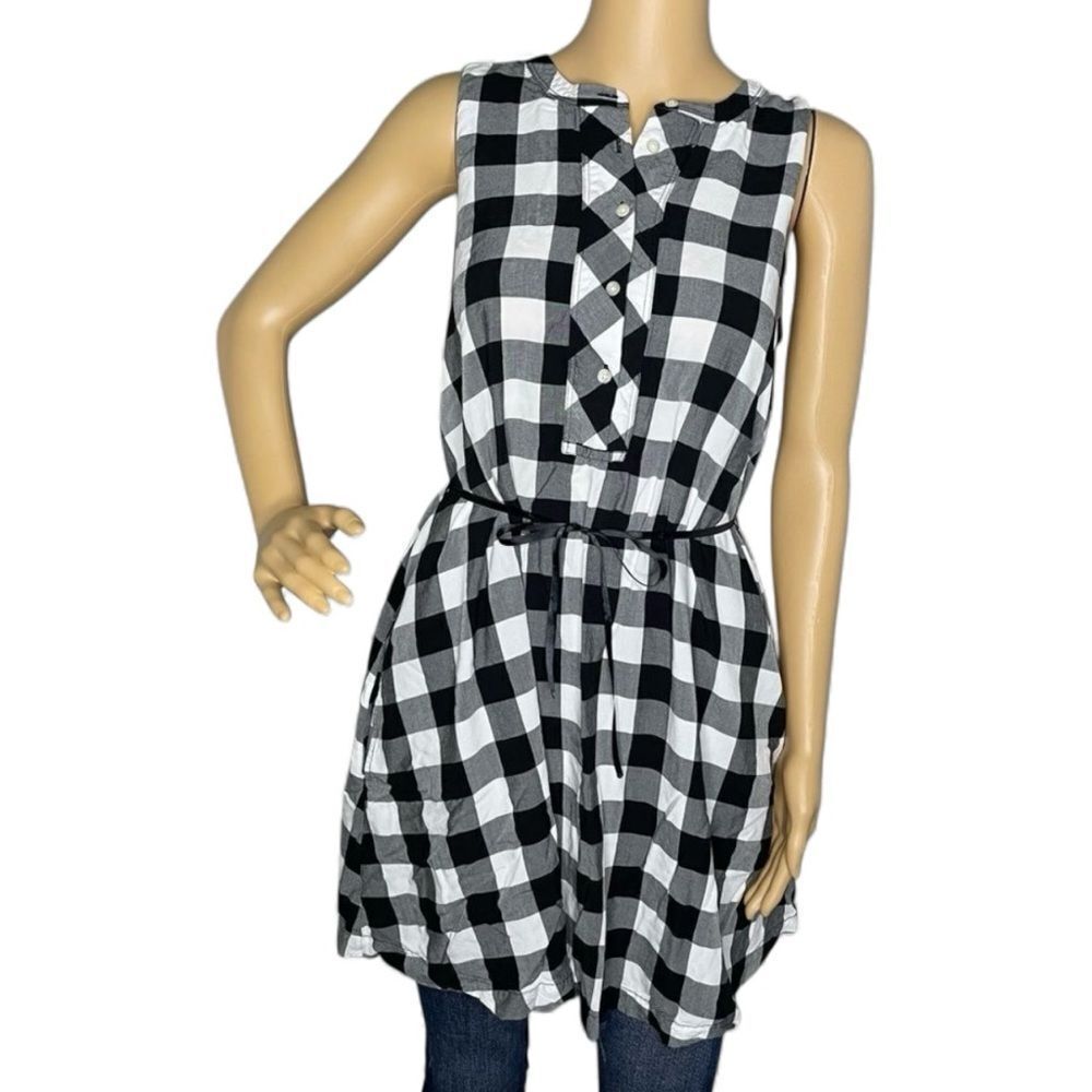 LOFT Ann Taylor Sleeveless Plaid Tunic V-Neck Dress Black White Pockets Small